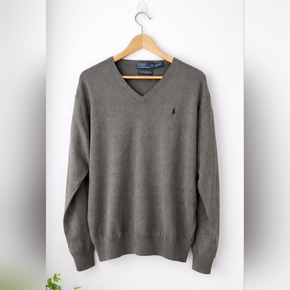 Polo by Ralph Lauren Men's V-Neck Sweater - Gray with Navy Logo - Picture 2 of 9